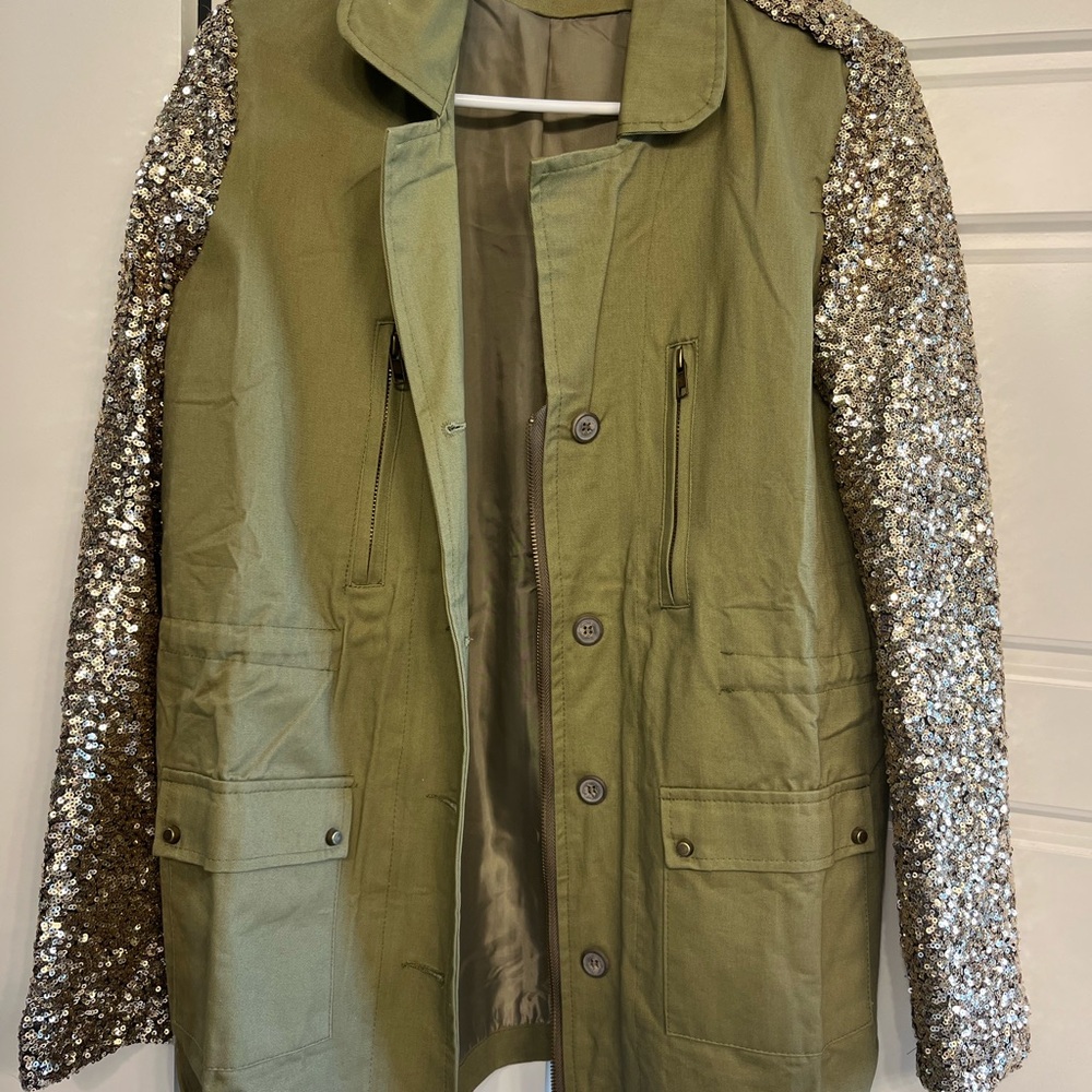 Sequin Sleeve Olive Green Jacket